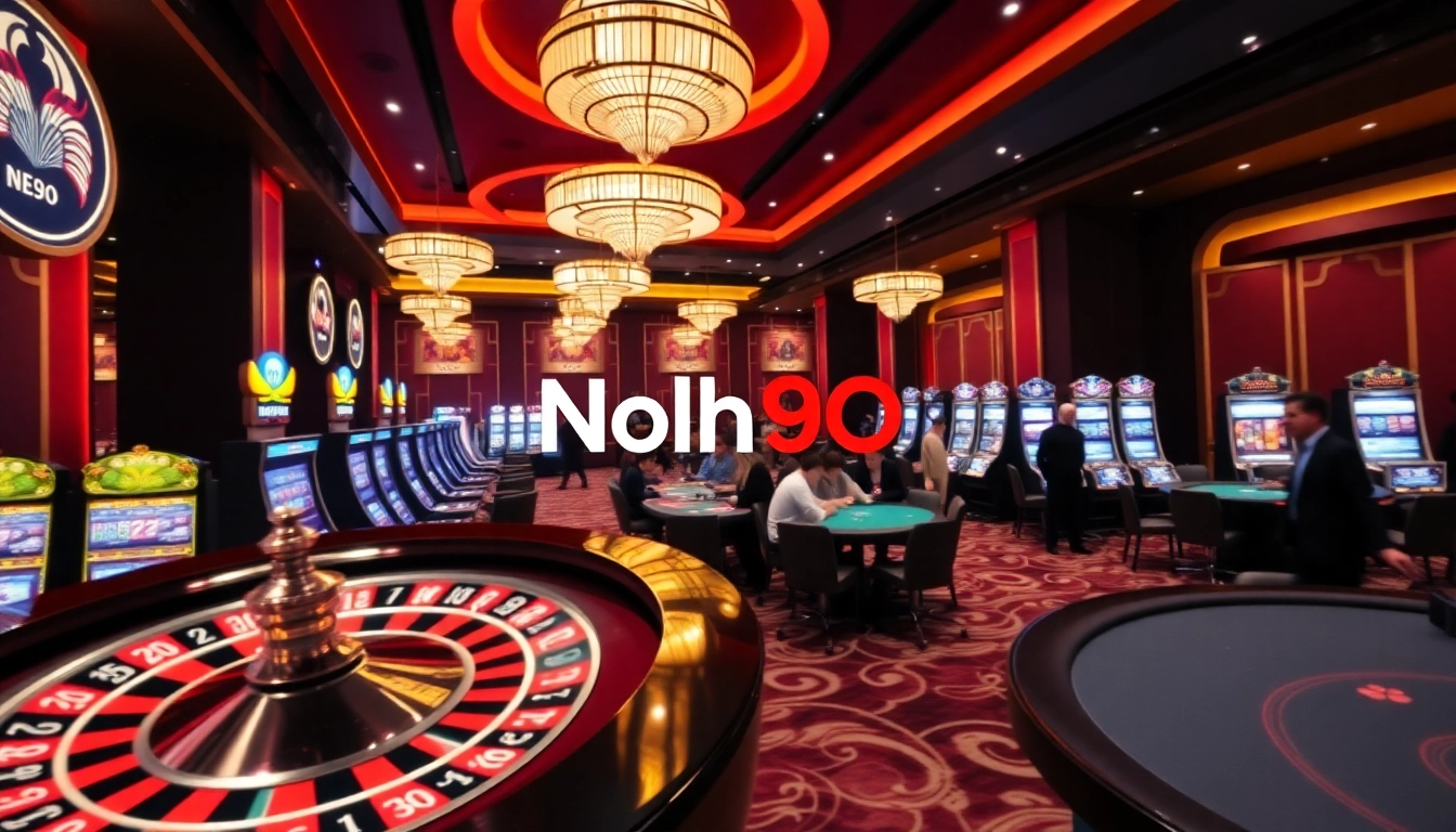 Nohu90 casino interior showcasing thrilling gambling action with slot machines and roulette wheel.