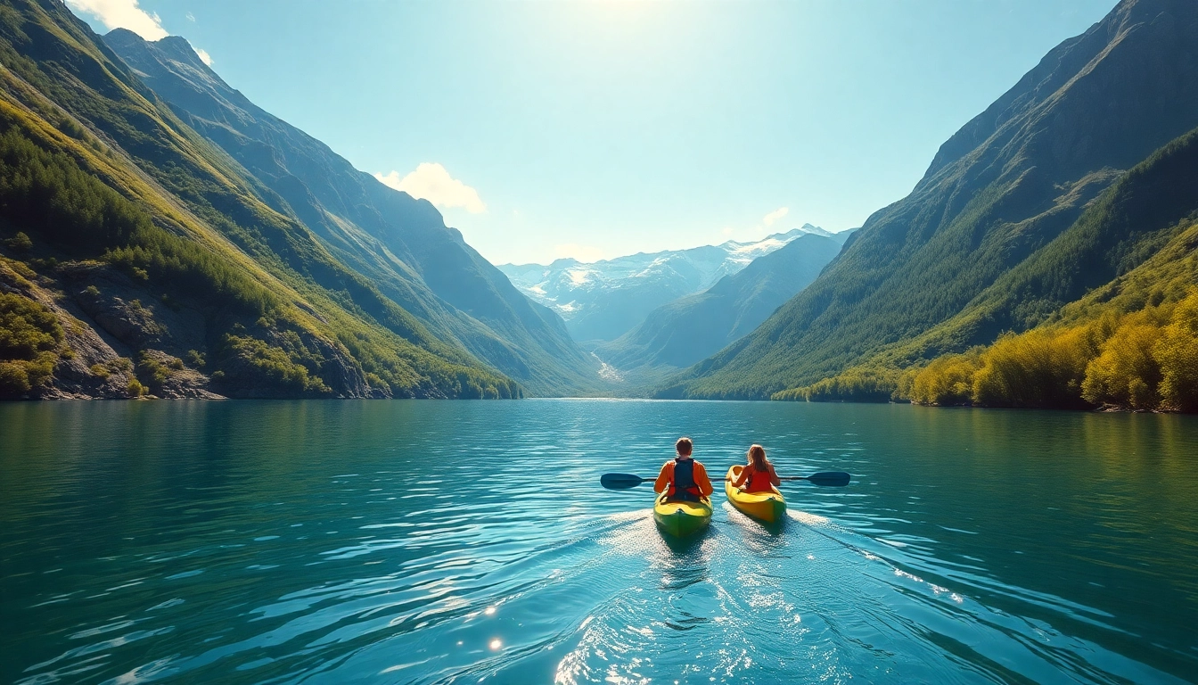 Erleben Sie Urlaub in Skandinavien mit einer wunderschönen Familie beim Kajakfahren in einem friedlichen Fjord, umgeben von Bergen.