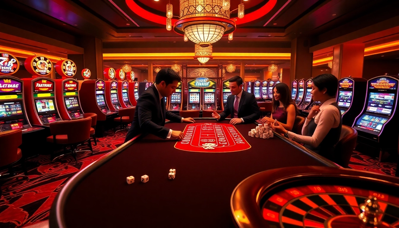 Experience the thrill of Luck8 Casino with a vibrant blackjack table and illuminated slot machines.