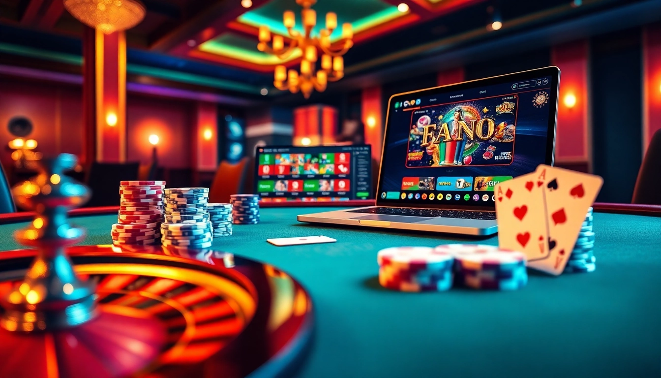 E2BET offers an exciting online gambling experience with vibrant casino visuals, showcasing poker chips and game interfaces.