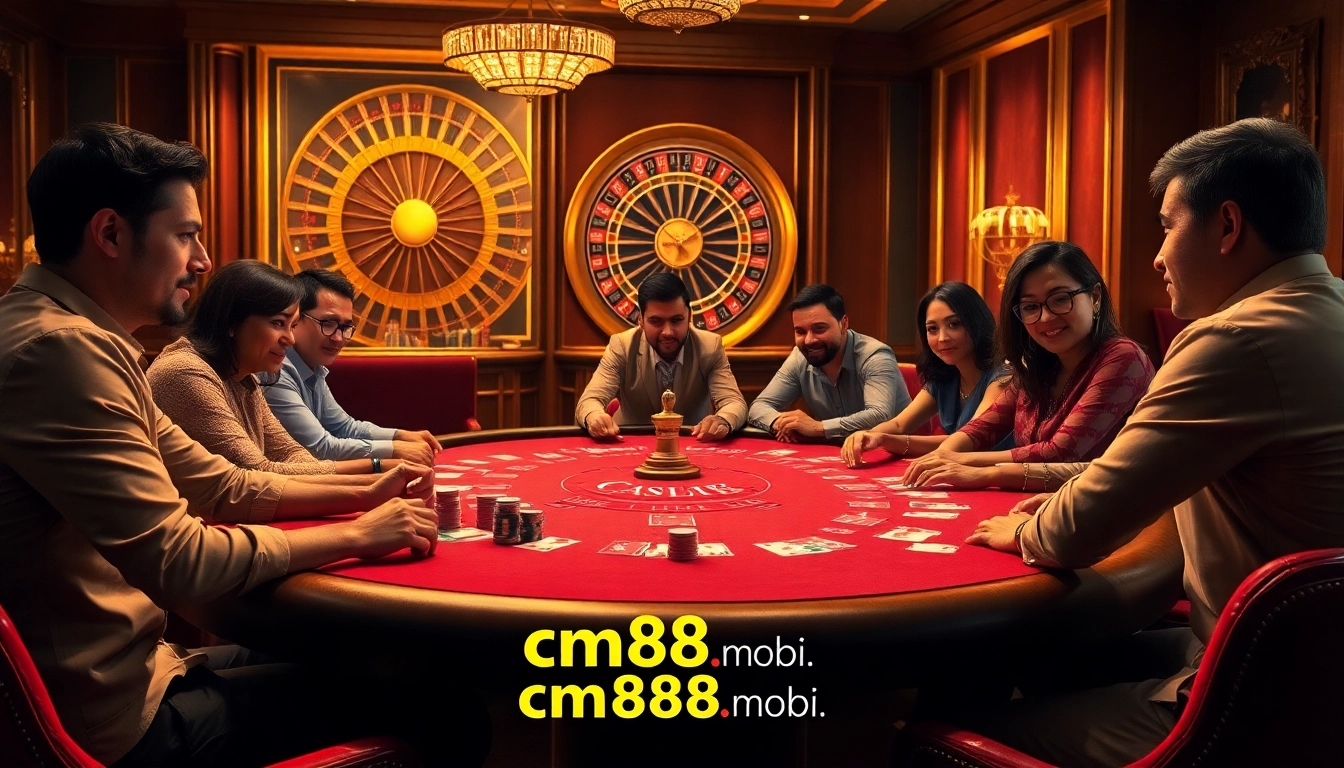 Experience the thrilling excitement at cm888.mobi's luxurious casino, showcasing high-stakes poker action.