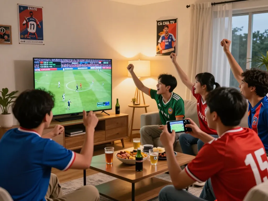 Fans enjoying live football match on Cà Khịa TV in a cozy living room.