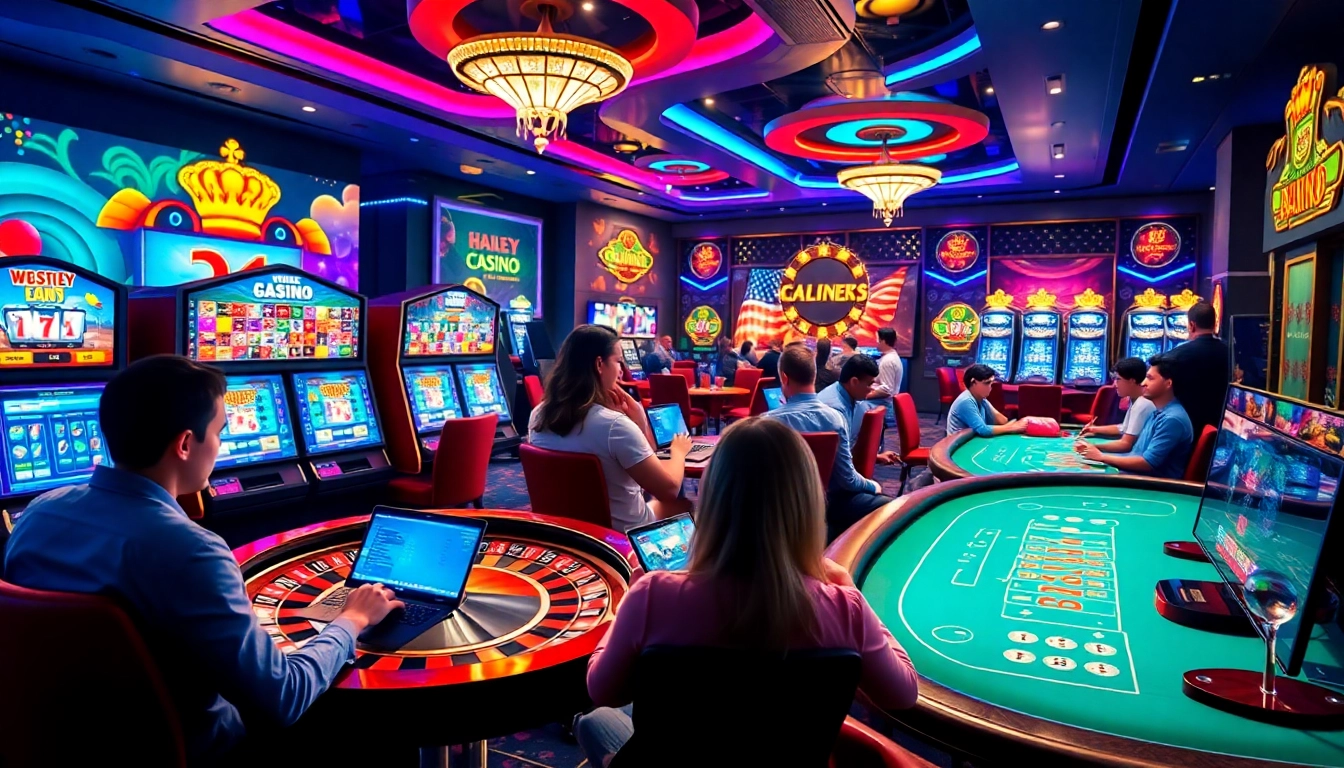 Casino online Germania prezintă o acțiune vibrantă de jocuri de noroc, cu jucători care se bucură de aparate de slot și ruletă.