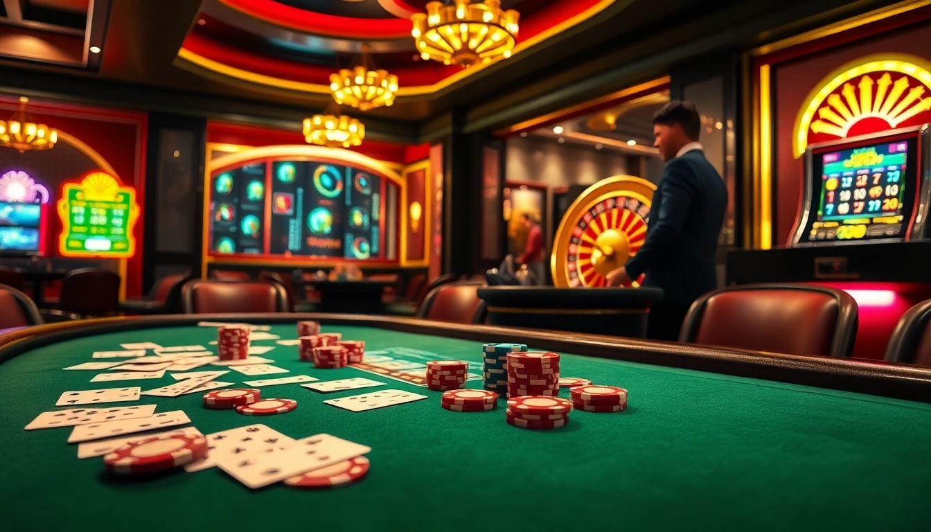 Experience the thrill of 23win with a vibrant casino scene featuring a poker table, roulette wheel, and jackpot slot machine.