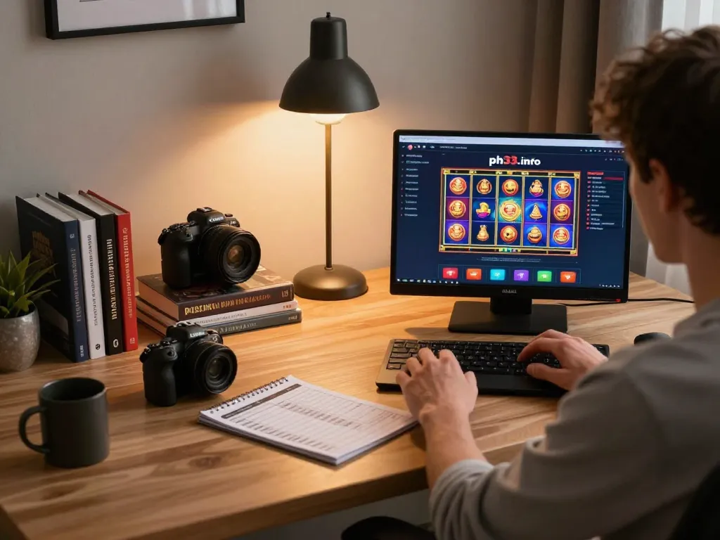 Person engaged in online gaming at ph33.info with a laptop and budget planner.