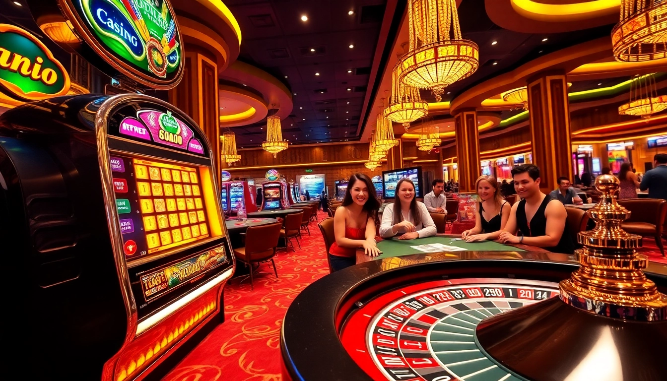 Engaged players enjoying games at TT88 casino, including poker and vibrant slot machines.
