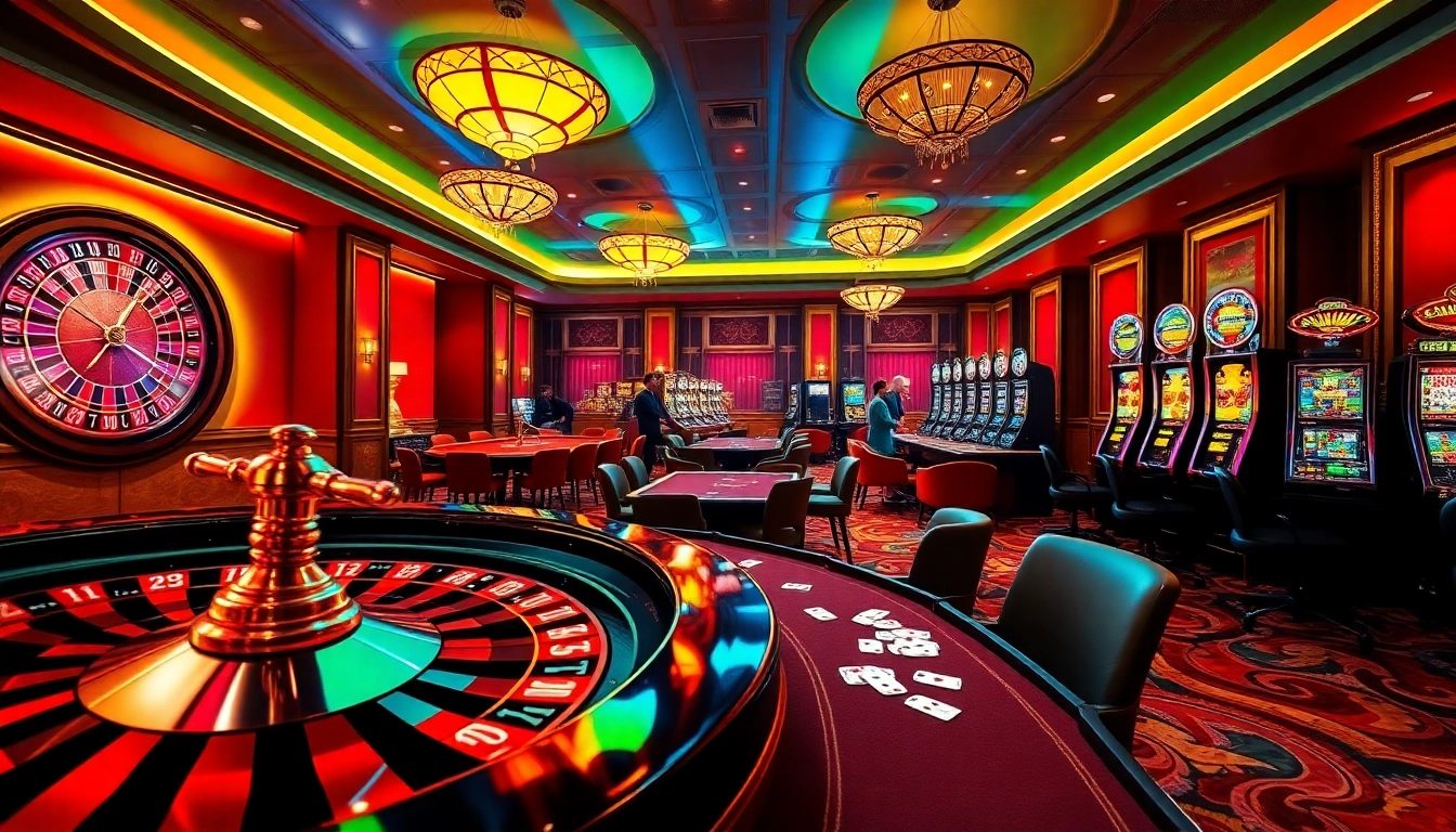 E2bet casino scene showcasing roulette wheel, poker tables, and vibrant slot machines in a luxurious setting.