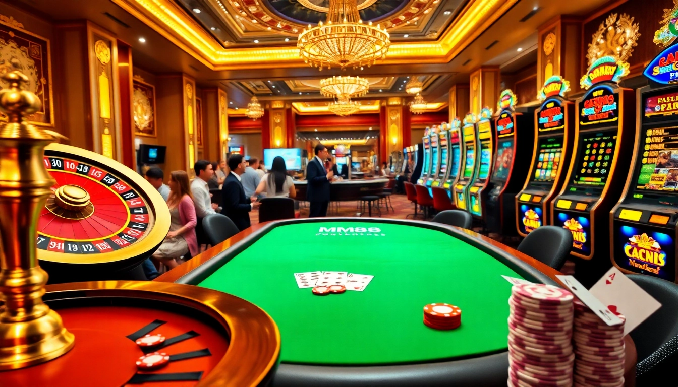 Engaging gamblers at the MM88 casino, enjoying poker, roulette, and vibrant slot machines.