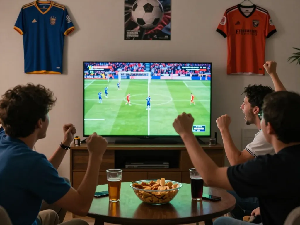 Fans enjoying luong son live football match at home with snacks and drinks