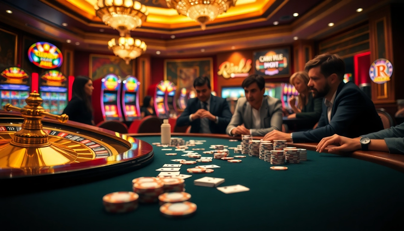 C168 casino scene depicting players engaged at a luxurious gaming table with vibrant poker chips.