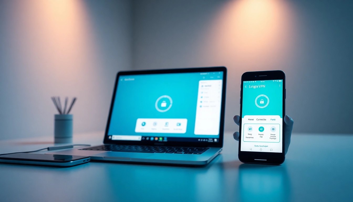 笔记本和智能手机上的快连下载界面，展示用户友好设计与连接功能。