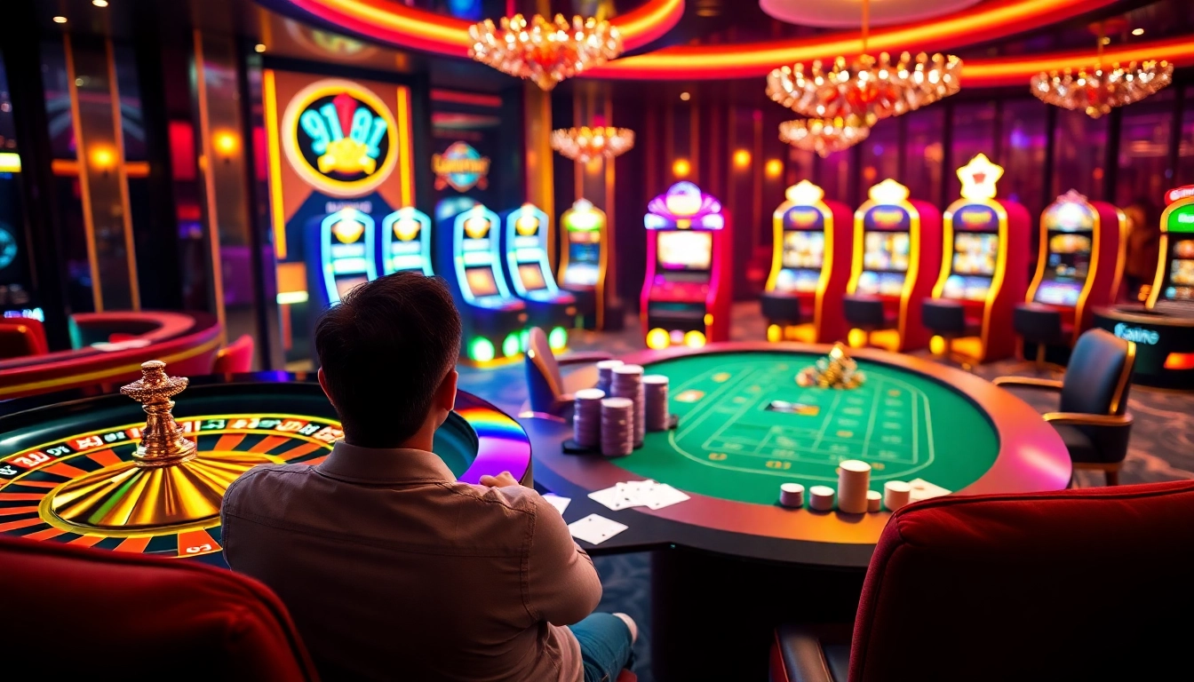 Experience thrilling casino gameplay at 9ph featuring poker chips, roulette, and vibrant slot machines.