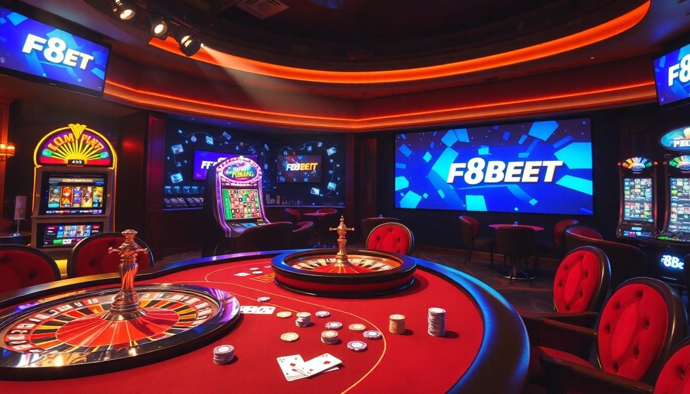 F8BET casino scene showcasing vibrant poker action and roulette wheel excitement.