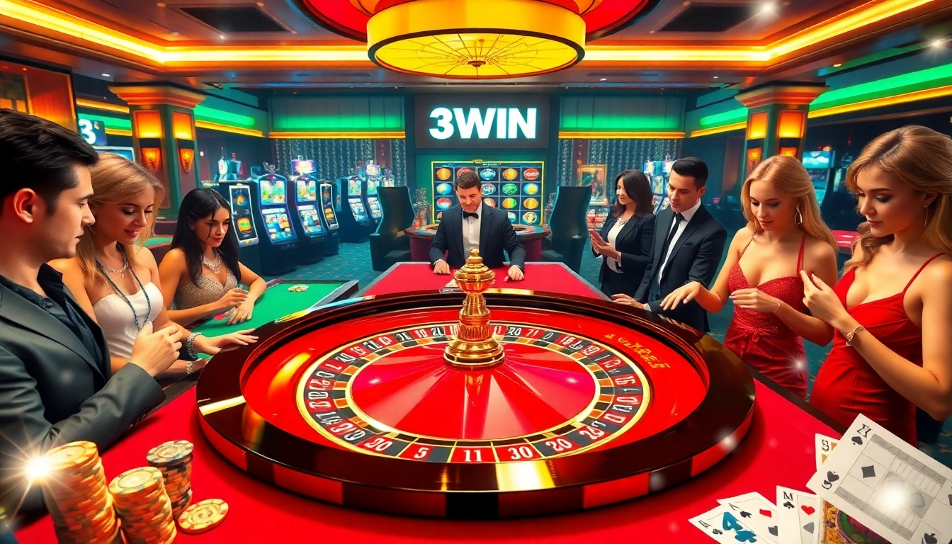 Players enjoying a dynamic casino experience with 3WIN betting slips at a luxurious roulette table.