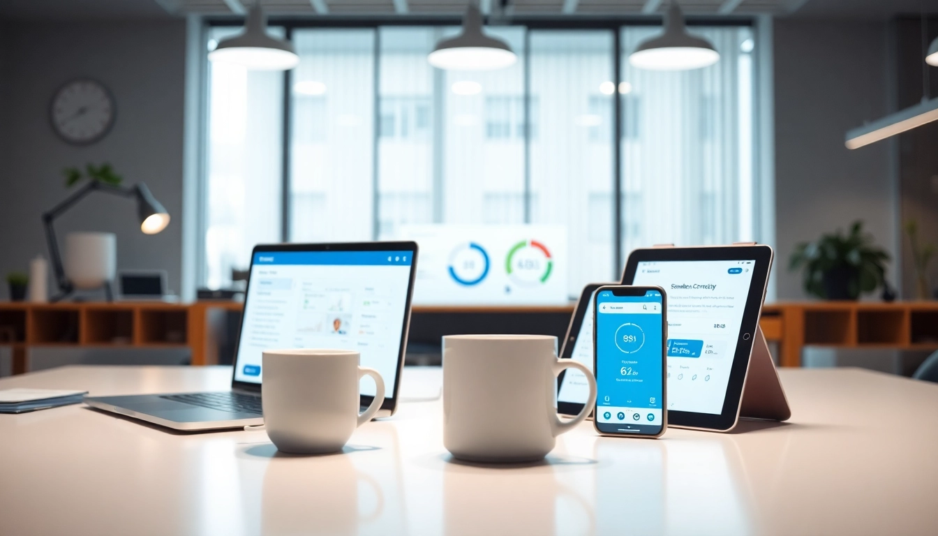 在现代工作区的多设备上显示的快连官网界面，展示网络速度和连接性功能。