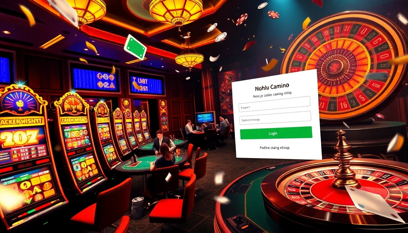 Nohu đăng nhập interface amidst lively casino atmosphere with slot machines and roulette wheel.