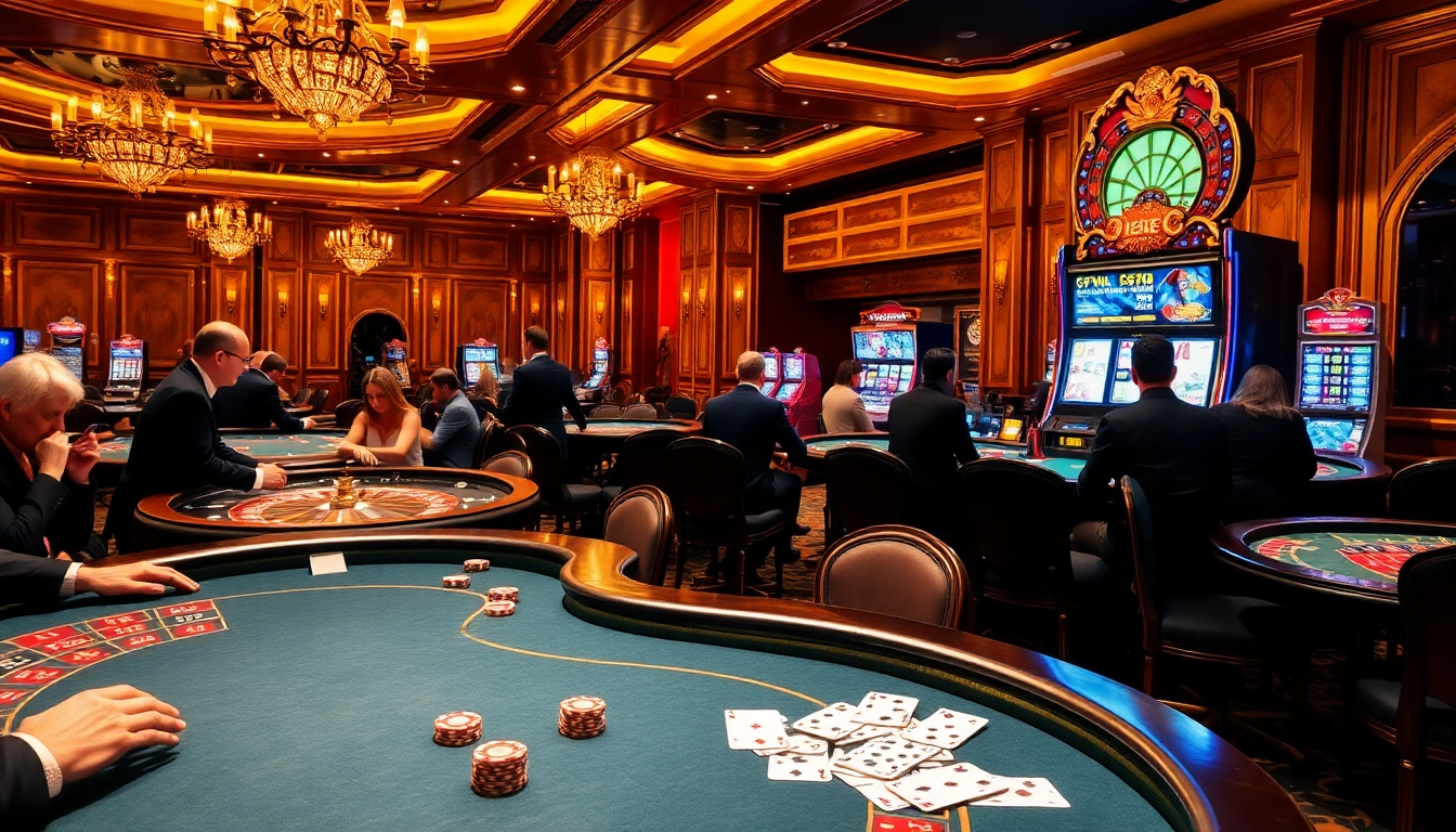 Players enjoying a thrilling game at OK8386 casino with vibrant tables and bright slot machines.