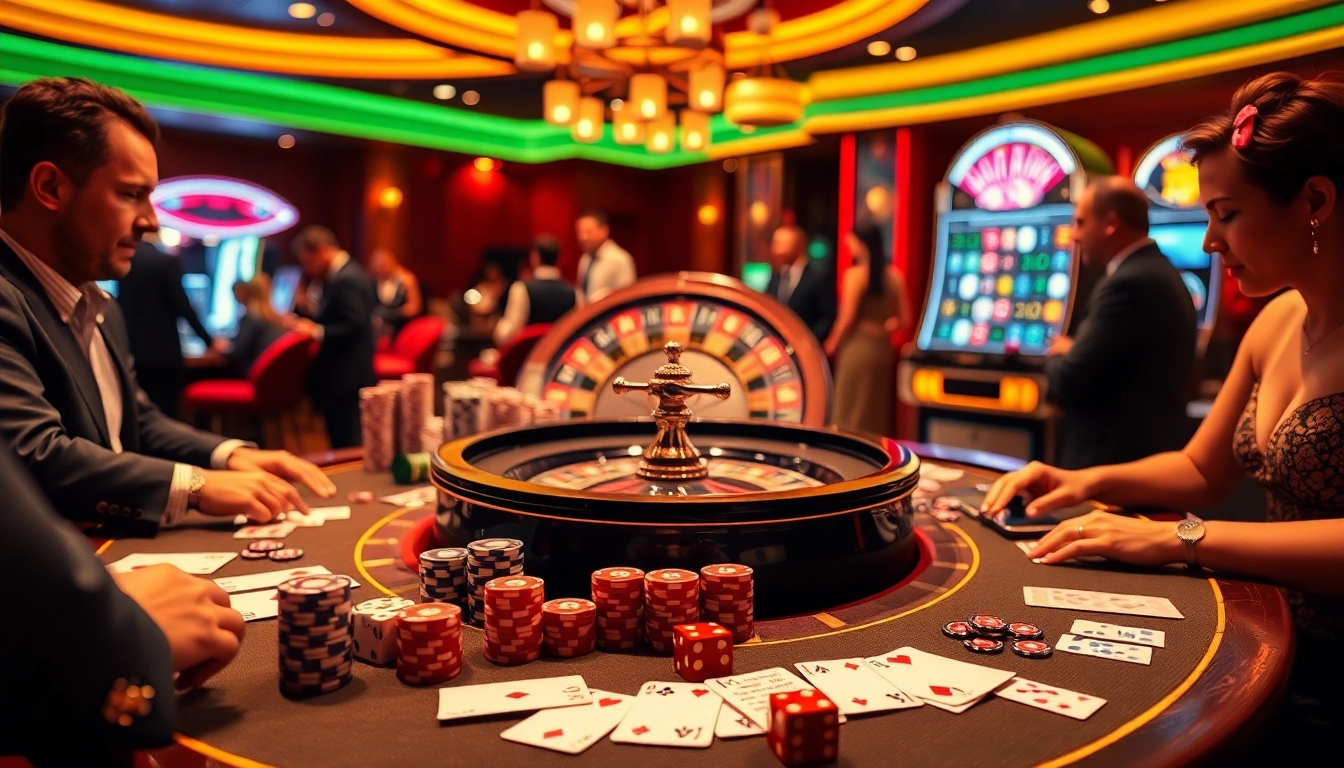 Engage with the thrilling world of gambling at OK8386, featuring vibrant casino tables and excited players.