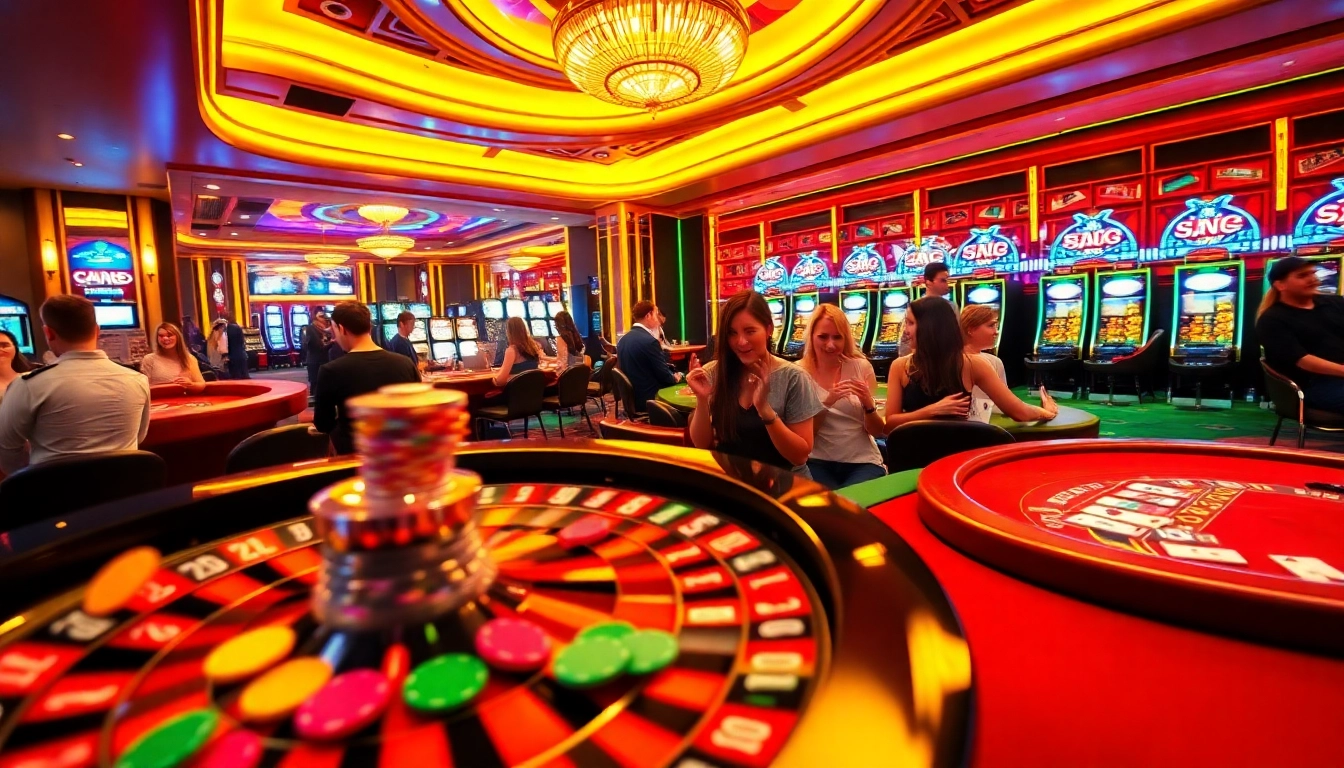 A lively casino scene at https://kjc.ad/ showcasing players winning at roulette and blackjack.