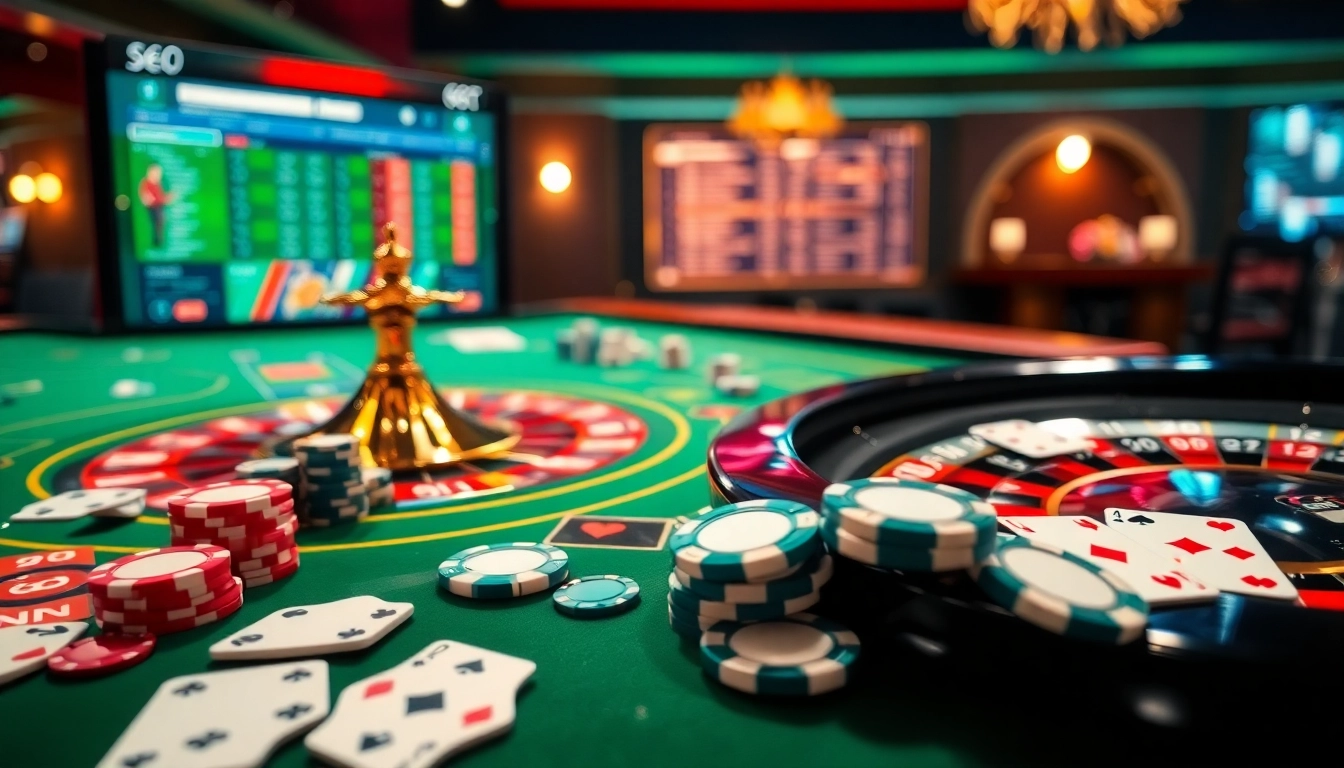 Experience the excitement of gambling with bewertungen Kaufen showcased through a lively casino scene featuring roulette and poker elements.