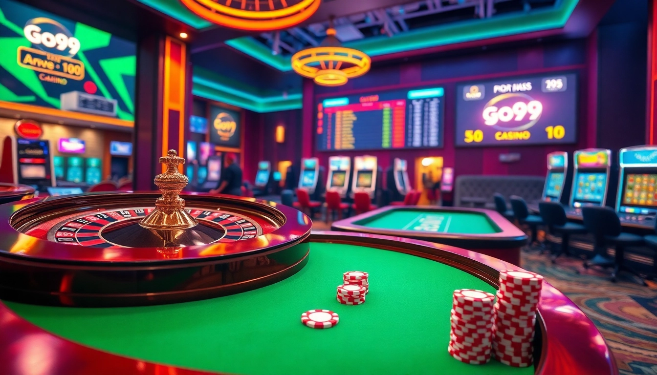 Experience the excitement of go99 with vibrant casino visuals, featuring poker chips and roulette wheels.