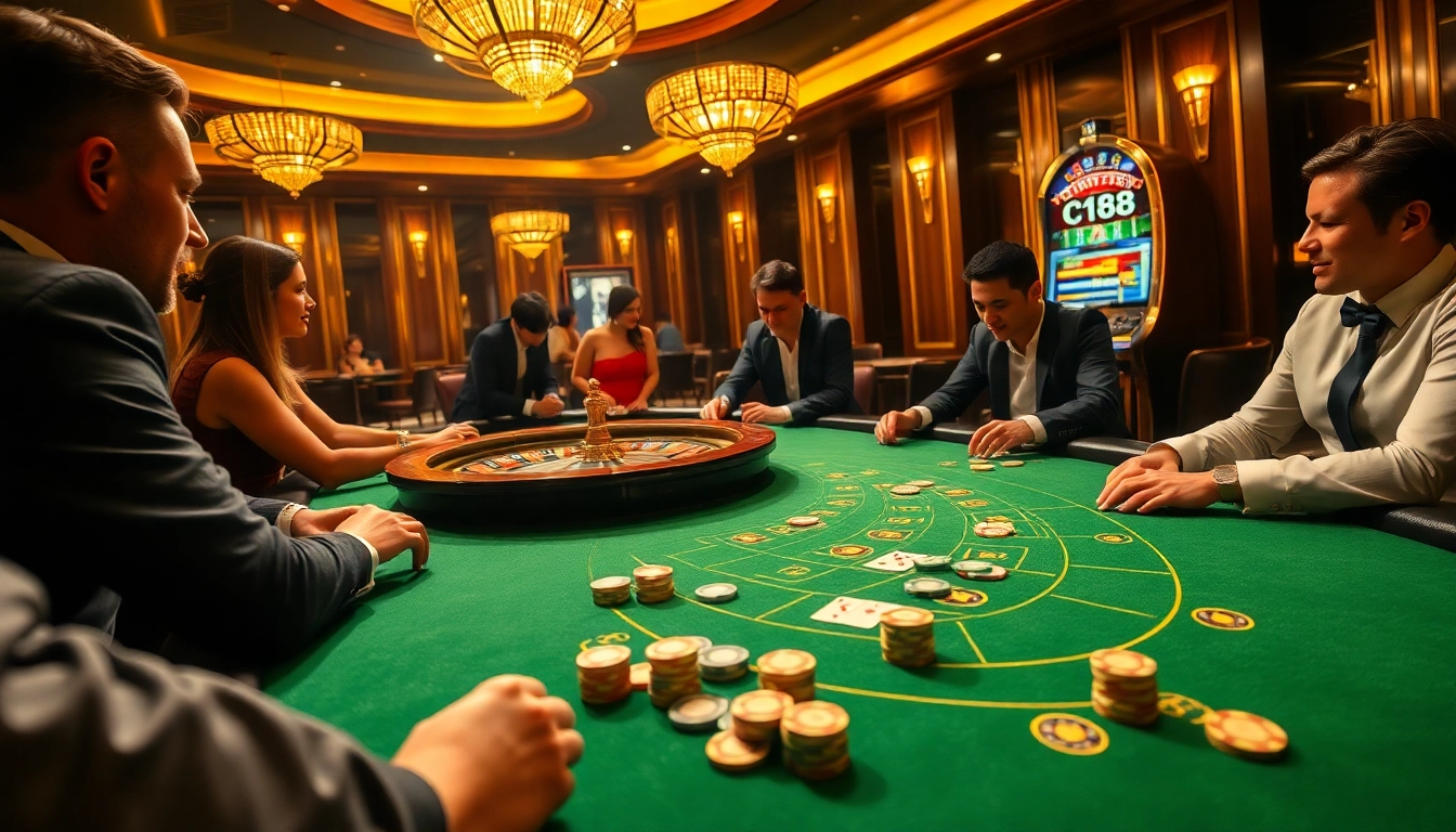 High-stakes gambling scene featuring C168-themed poker chips and vibrant casino ambiance.