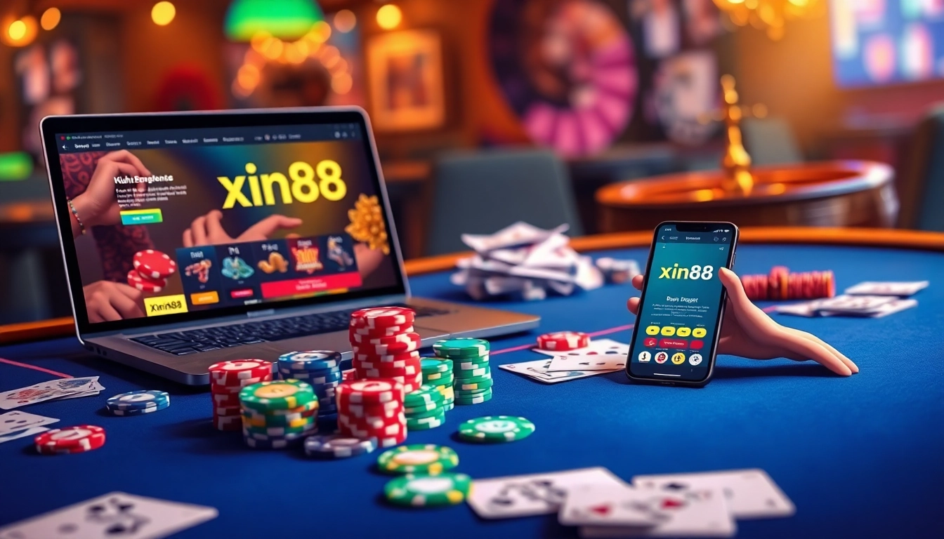 Engaging scene of xin88 online gambling showcasing a casino table with chips and cards.