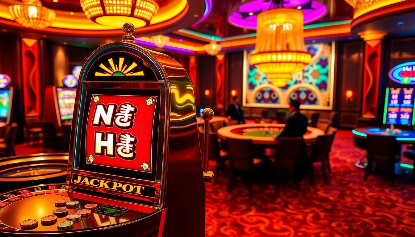 Spinner celebrating a big win at the Nổ Hũ slot machine in a luxurious casino setting.